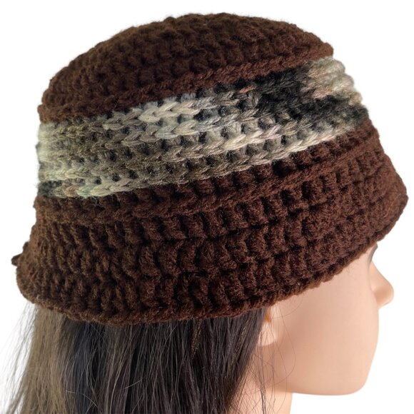 Crochet Bucket Beanie Hat Granny Square Pattern Brown Handmade New Foldable